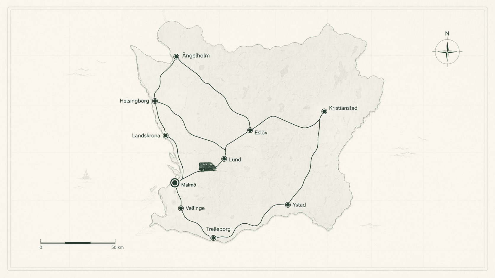 Hand-ritad karta över Skåne med Sydbrons primära städer markerade.